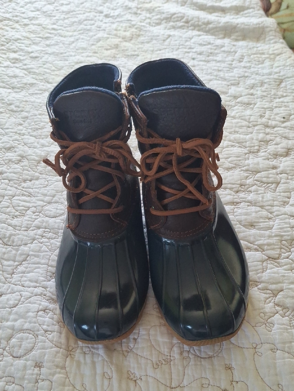 Sperry Waterproof Leather Duck Boots in Blue and Brown.